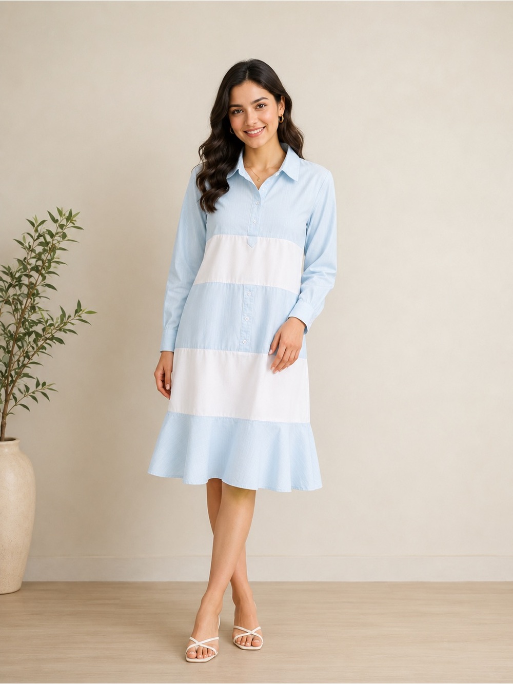 C Yard Blue & White Colorblock Shirt Dress Size M